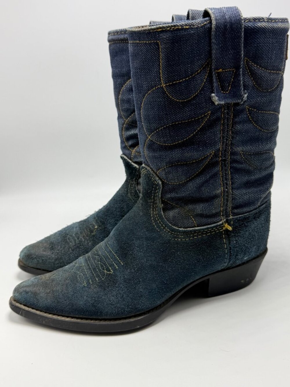 VINTAGE Acme kids Denim Western Boots Blue Suede Size 13 Made In USA